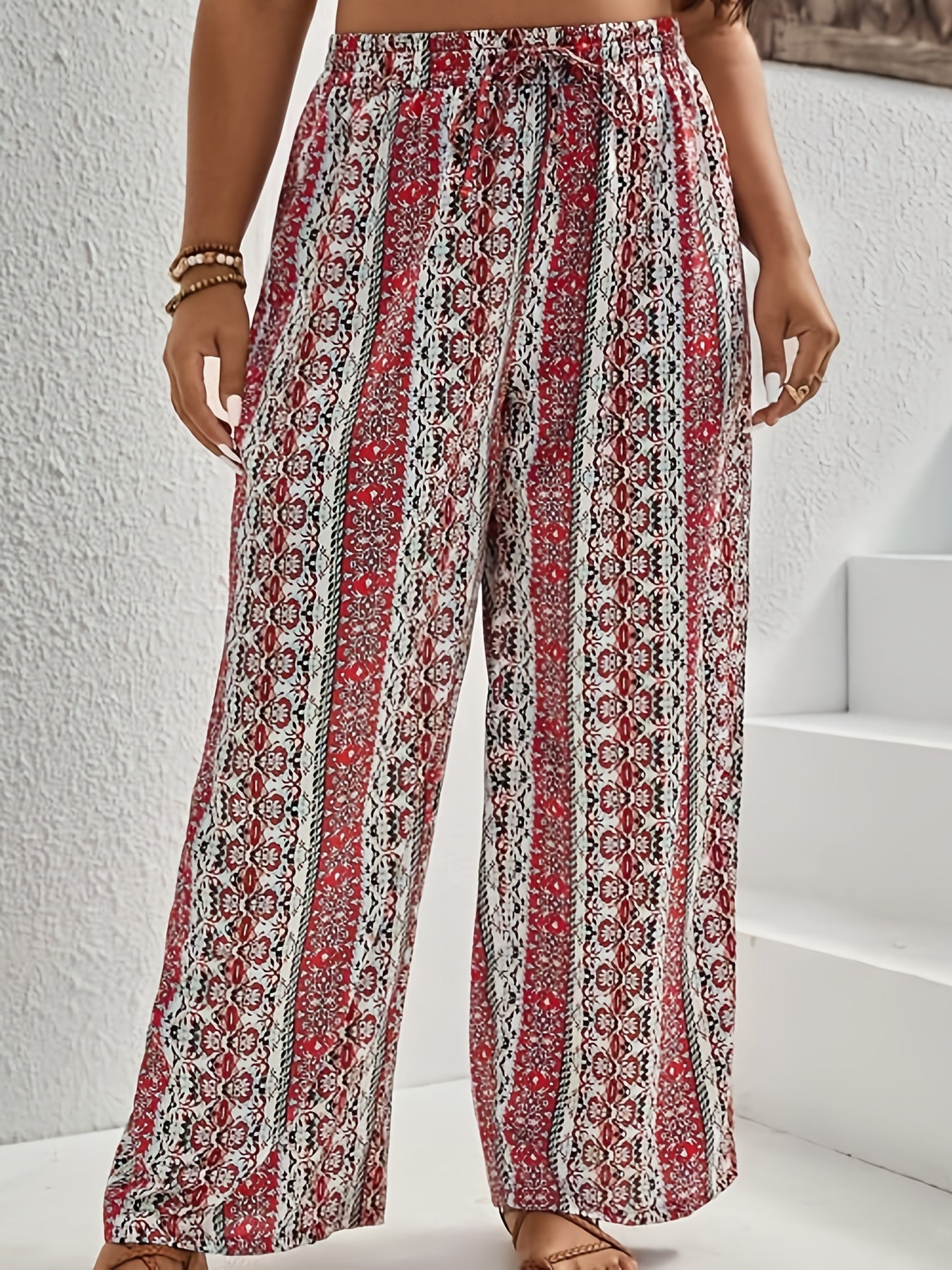  Women's Stripe Print Wide Leg Loose Tie Pants