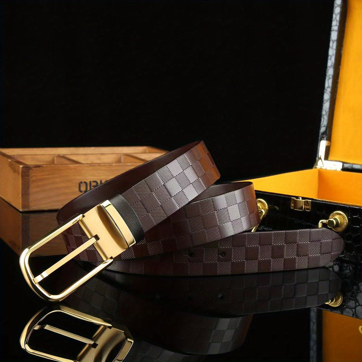 Men's Checkerboard Pattern Cowhide Belt 3 1/4in Width
