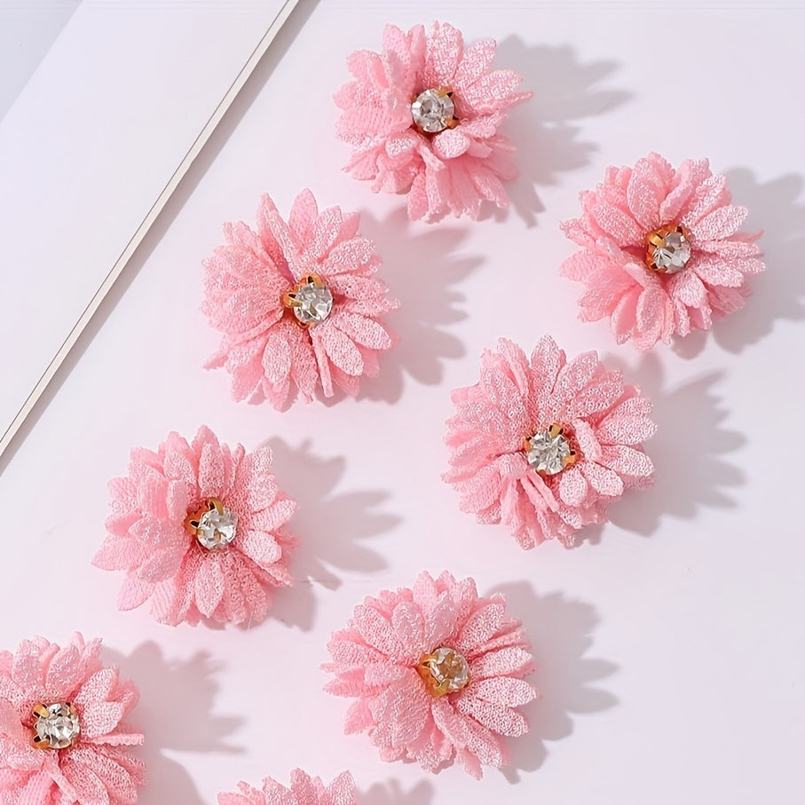 10pcs Pink Fabric Flower Hair Clips with Rhinestones for Parties