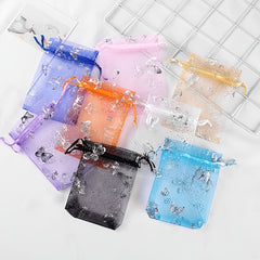 Organza Bags Silver Stamped Butterfly Wedding Favor Drawstring Jewelry Gift Bags