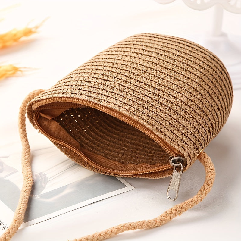 Kids Flower Decor Coin Purse Straw Woven Crossbody Bag