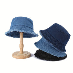 Unisex Denim Bucket Hat Frayed Brim Foldable Casual Fisherman Cap