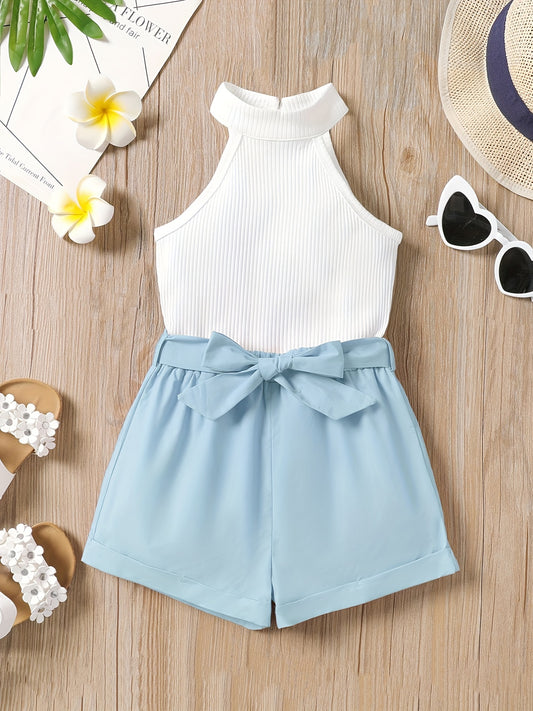 Girls Halter Ribbed Top & Shorts Set for Summer Holiday