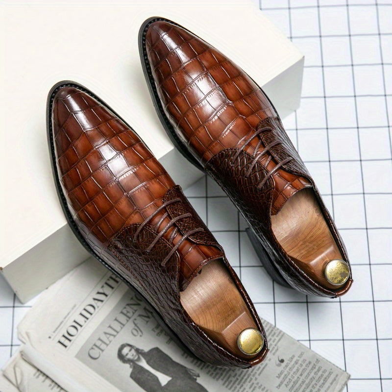 Crocodile Embossed Pointed Top Slip On Derby Shoes