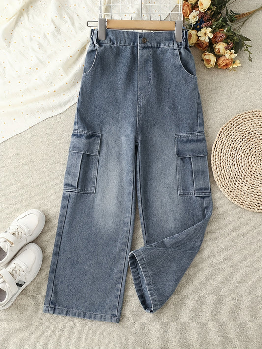 Girls Casual Baggy Fit Cargo Jeans Wide Leg Denim Pants