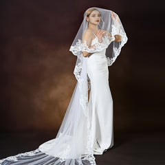 Romantic Double Layer Bridal Veil with Flowing Tails