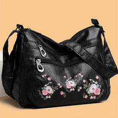 Embroidered Floral Crossbody Bag Adjustable Strap Zipper Closure