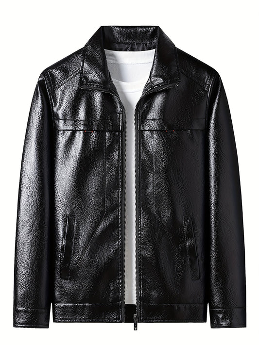 Men's PU Leather Zip Up Jacket Windproof Waterproof Top