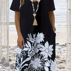  Floral Print Short Sleeve Round Neck Dress With Pockets