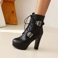 Women's Buckle Strap Ankle Boots Lace Up Block Heels