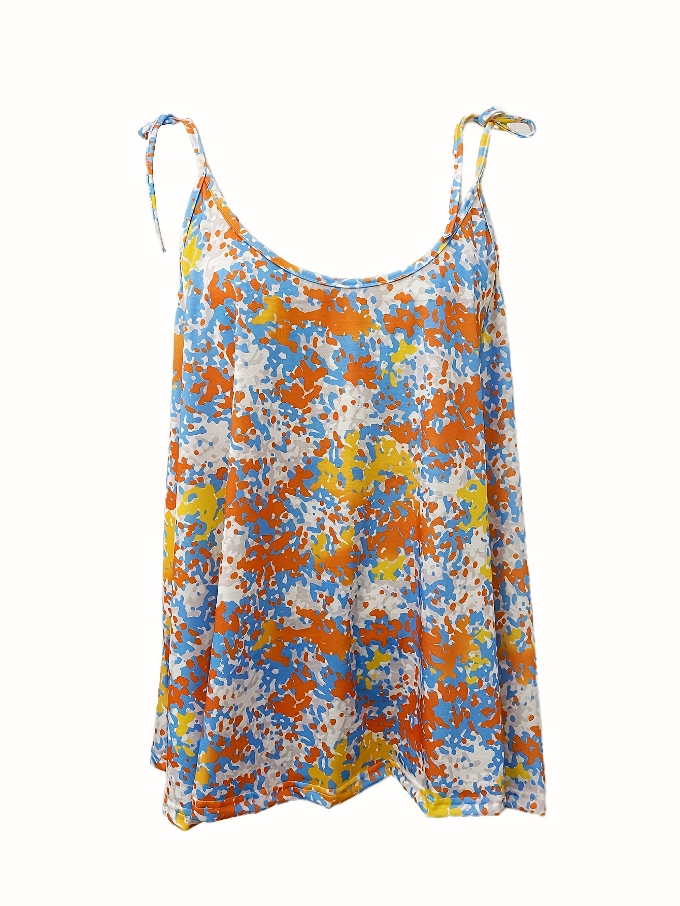  Casual Cami Top Random Print Round Neck Tie Shoulder