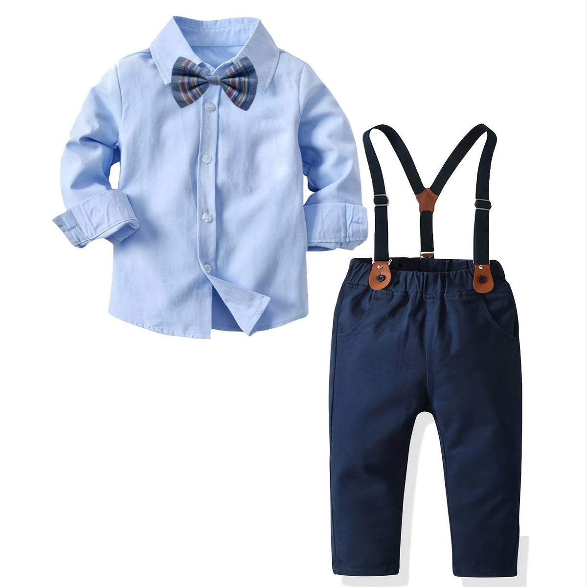 Boys Gentleman Outfit Long Sleeve Button Bowtie Shirt Top & Suspender Pants Set