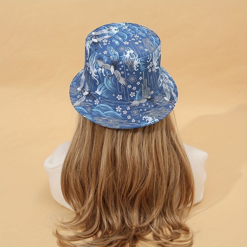 Crane Print Reversible Bucket Hat Vintage Fisherman Cap Women Travel Beach Hats