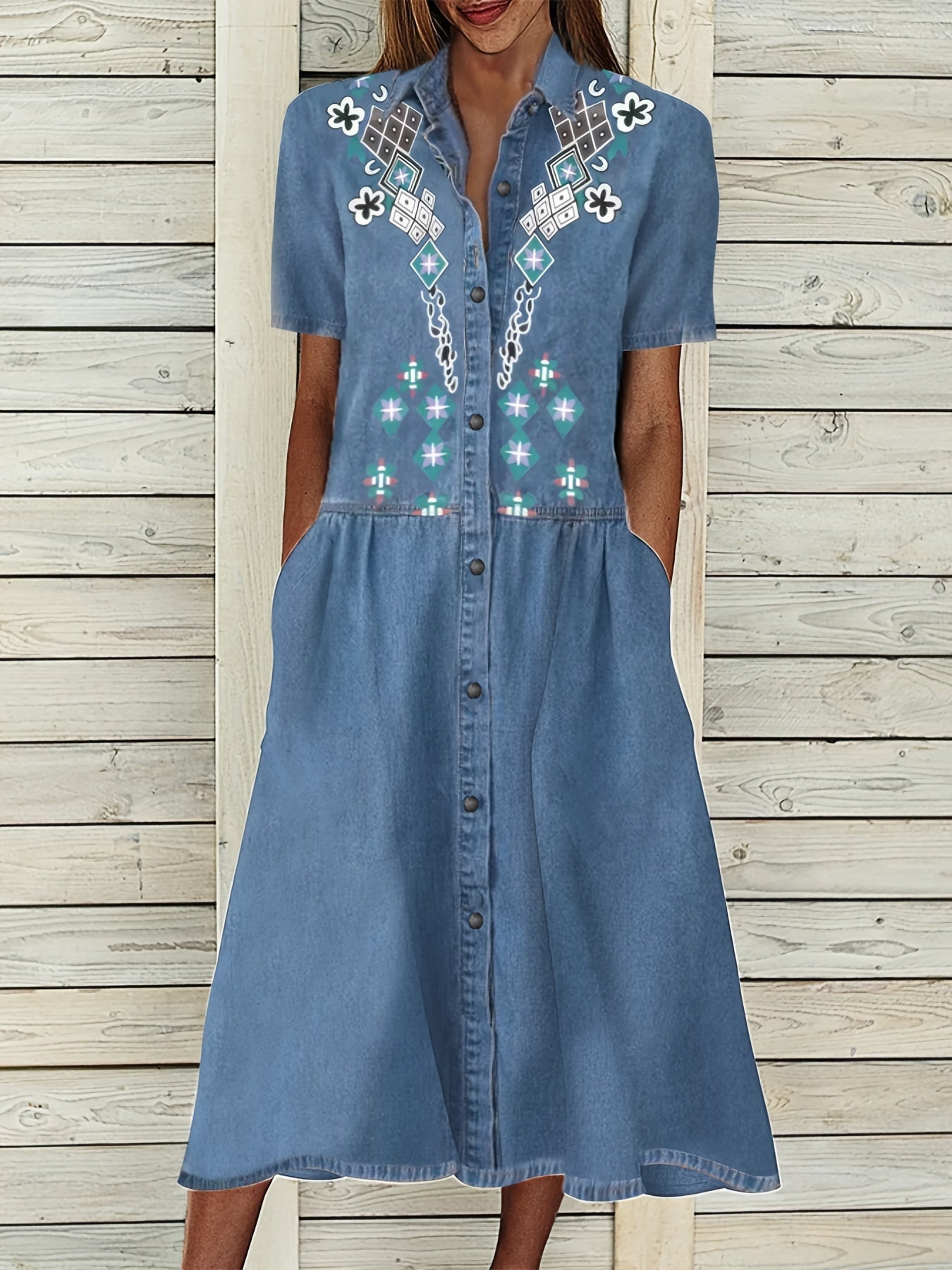 Embroidery Crochet Pattern Denim A-Line Dress