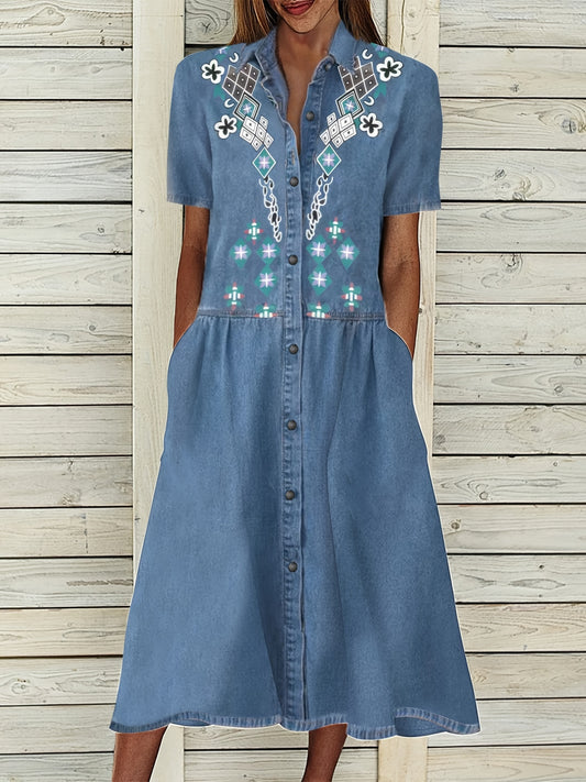 Embroidery Crochet Pattern Denim A-Line Dress