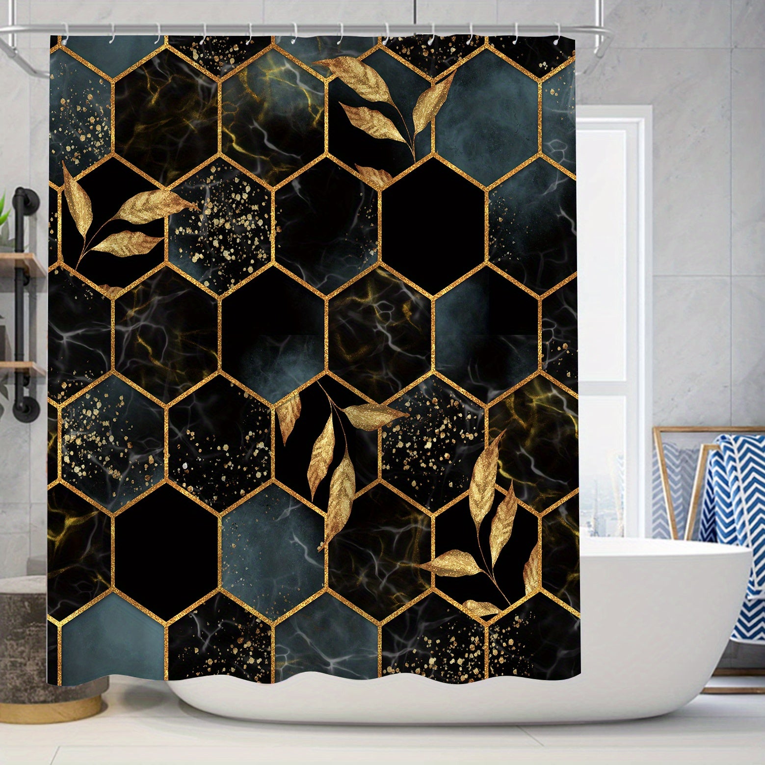 Modern Bee Trough Hexagonal Pattern Shower Curtain Set