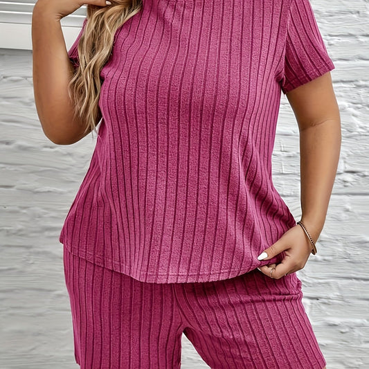  Ribbed Knit Lounge Set Short Sleeve Top & Shorts Pajama