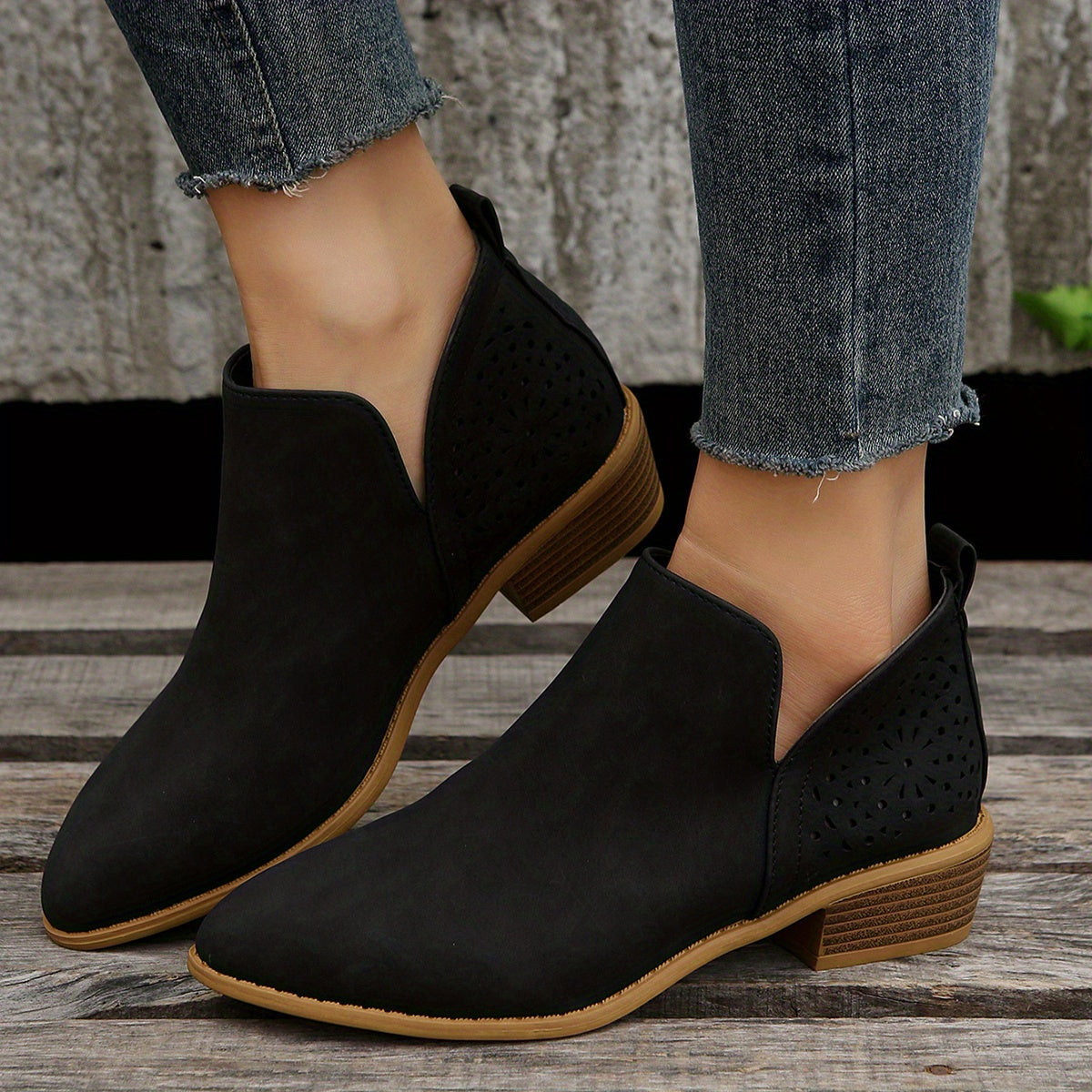 Women's Perforated Short Boots Retro Pointed Toe Stacked Chunky Heels
