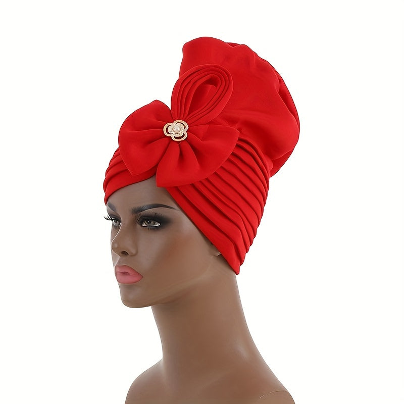 Red Pleated Turban Cap Hijab Hat with Bow