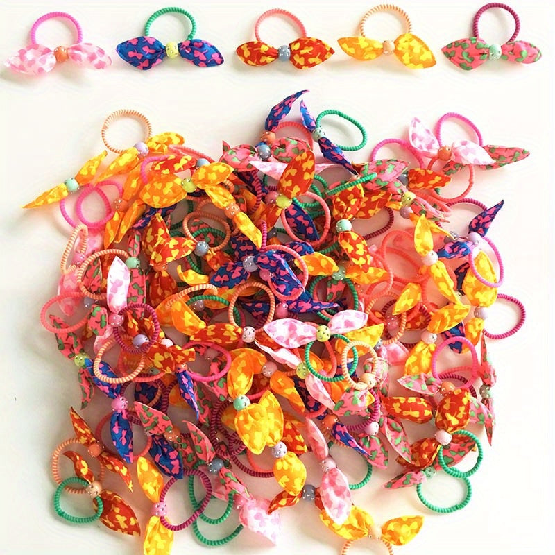 100pc Colourful Rabbit Ear Hair Bands Elastic Mixed Print Bowknot Hair Ropes