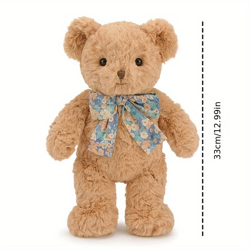 Fluffy Light Brown Teddy Bear Plush Toy with Floral Scarf