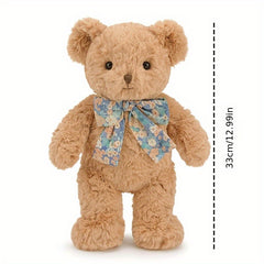 Fluffy Light Brown Teddy Bear Plush Toy with Floral Scarf