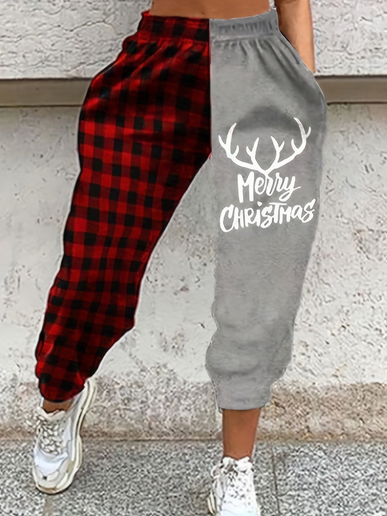  Casual Plaid & Slogan Print Jogger Trousers
