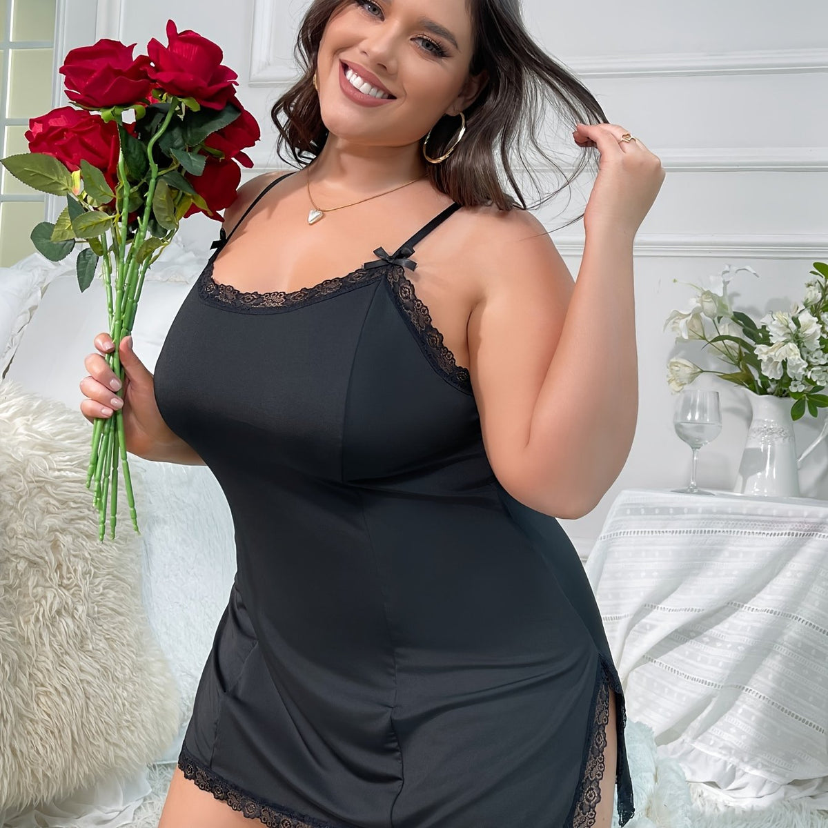  Lace Trim Babydoll Dress with Side Slit
