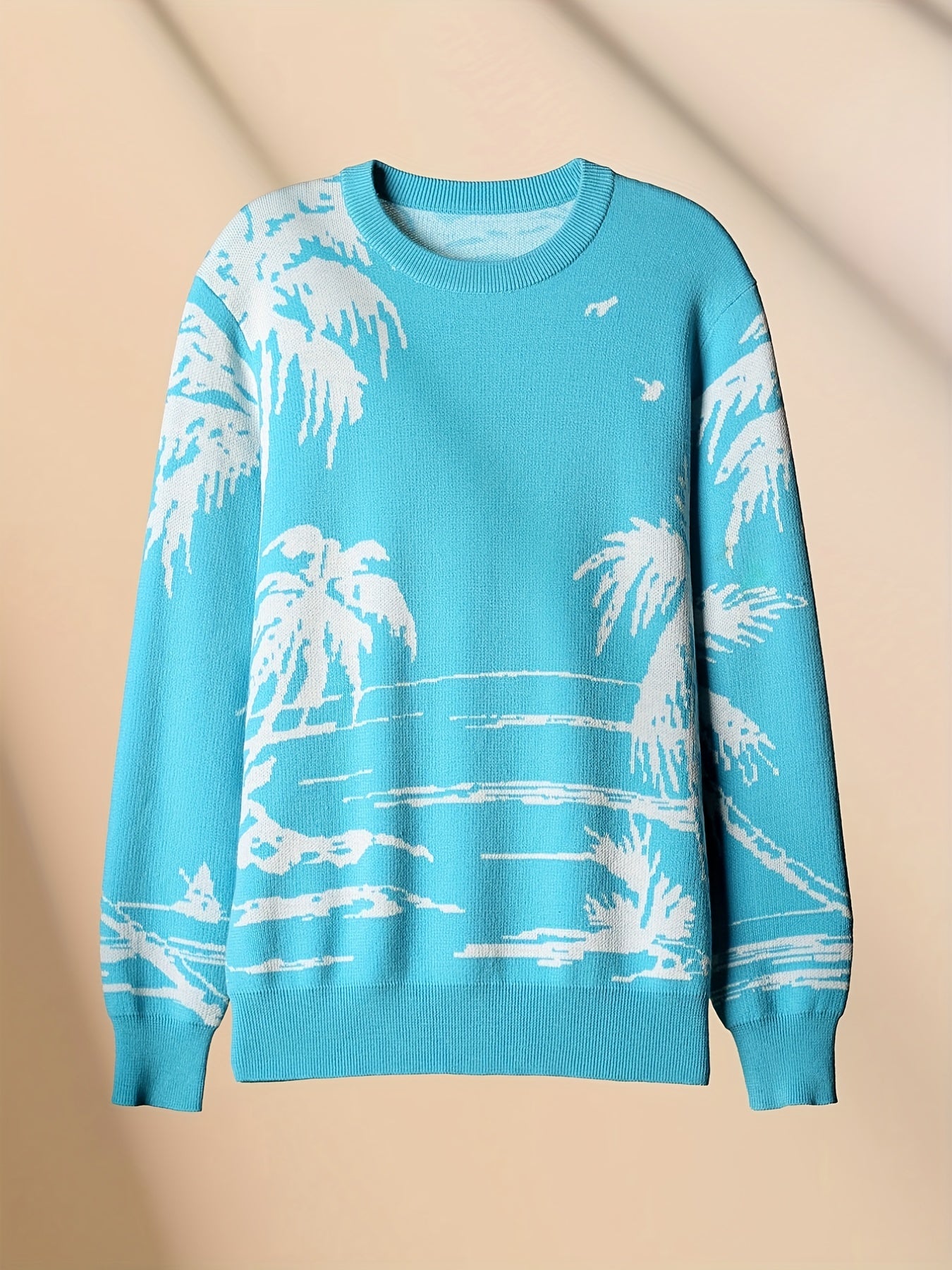 Coconut Tree Pattern Knitted Sweater Men's Casual Warm Crew Neck Pullover