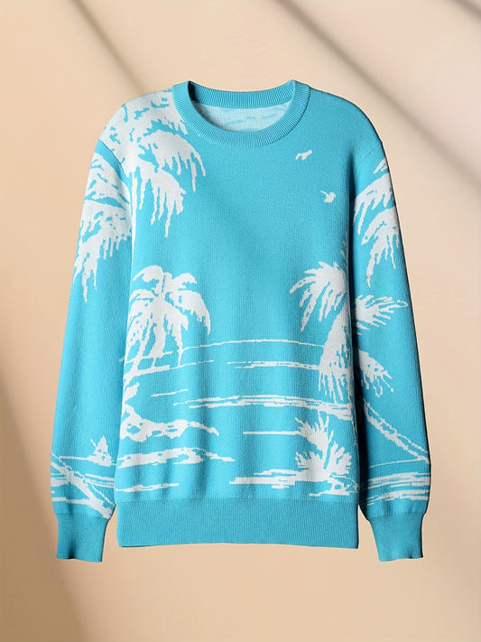 Coconut Tree Pattern Knitted Sweater Men's Casual Warm Crew Neck Pullover