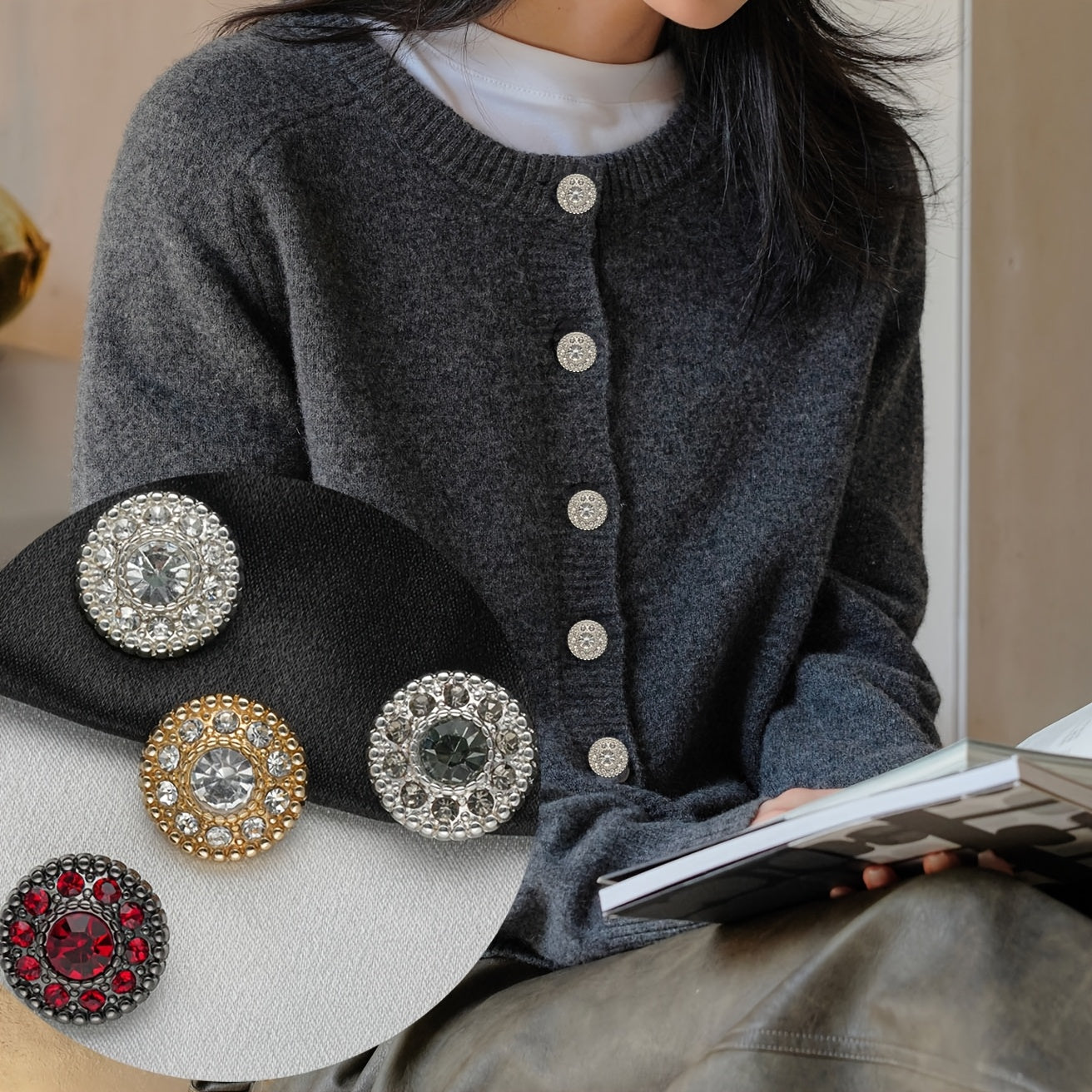 7 Pack Alloy Rhinestone Round Buttons for DIY Crafts and Clothing