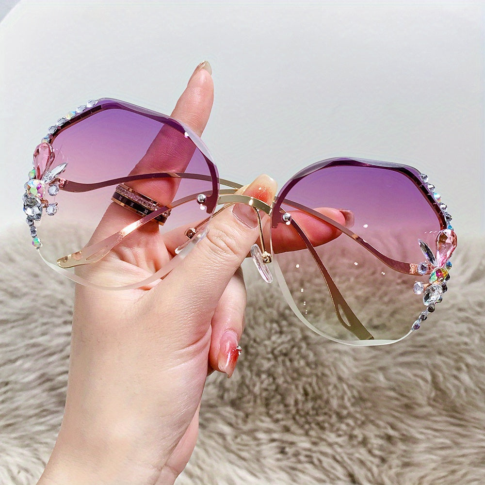 Y2K Half Rim Round Sunglasses Rhinestone Decor Eyeglasses Women