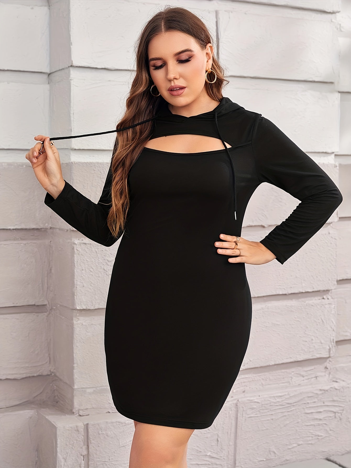  Solid Hooded Drawstring Cut Out Front Midi Dress