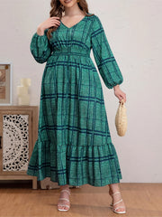 Plus Size Grid Print Long Sleeve V Neck Maxi Dress