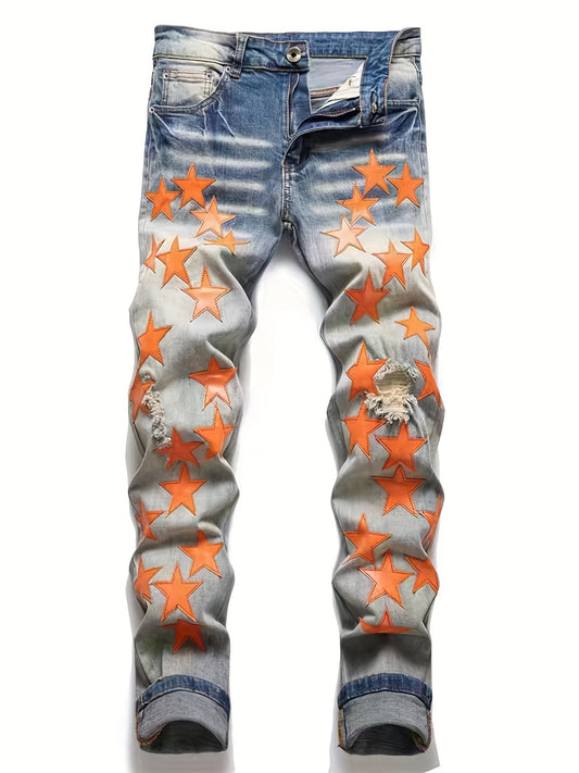 Men's Slim Fit Embroidered Star Ripped Jeans