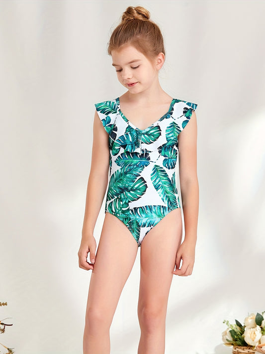 Girl's Tropical Plant Pattern Onesie Swimsuit Ruffle Tankini