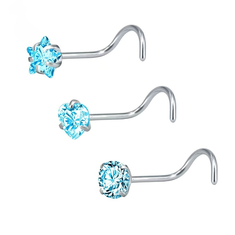 3 Pcs Heart Star Round Zircon Nose Rings Set Stainless Steel Cartilage Stud