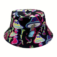 Cartoon Mushroom Print Bucket Hat Reversible Sunscreen Fisherman Cap