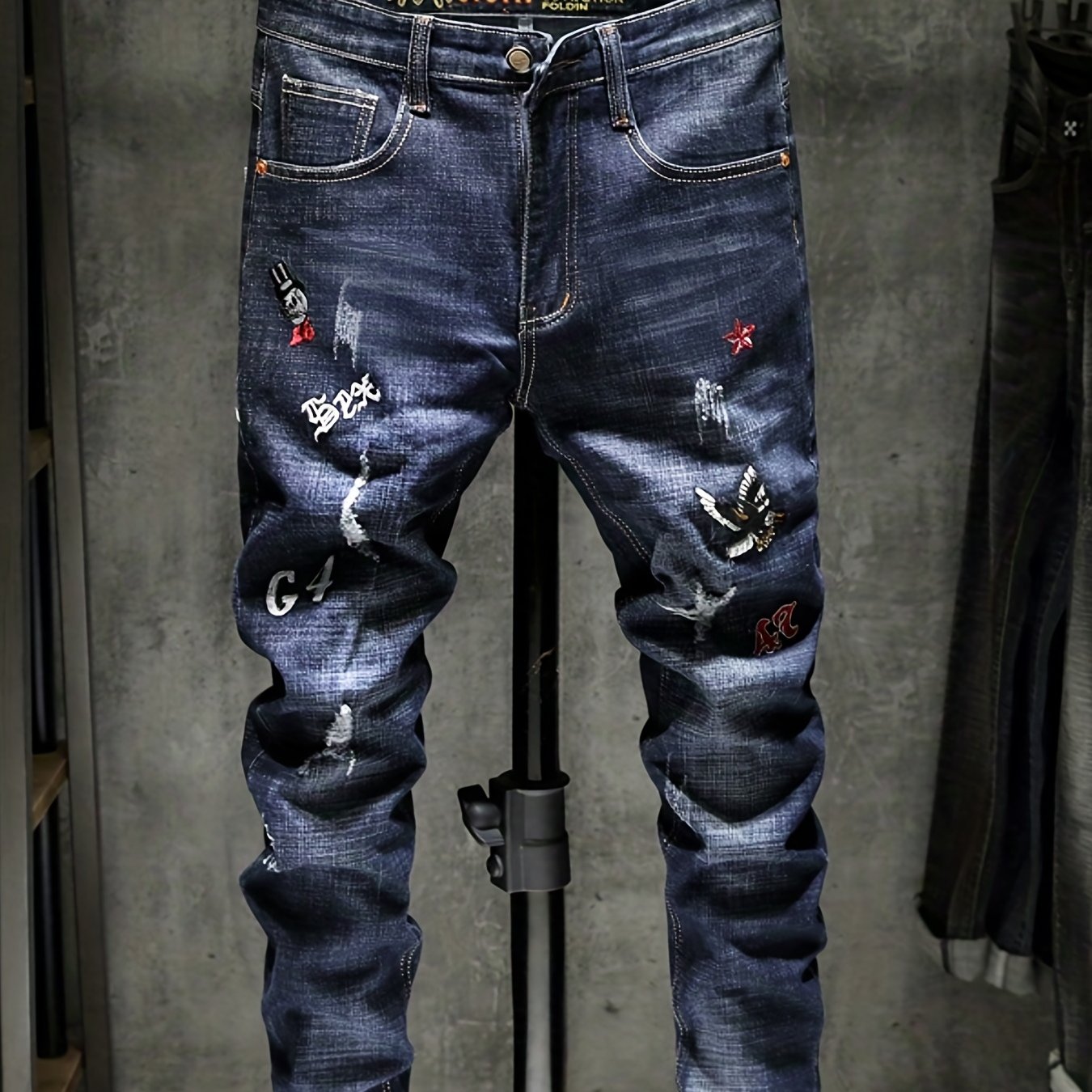 Men's Embroidered Denim Jeans Slim Straight Royal Pants