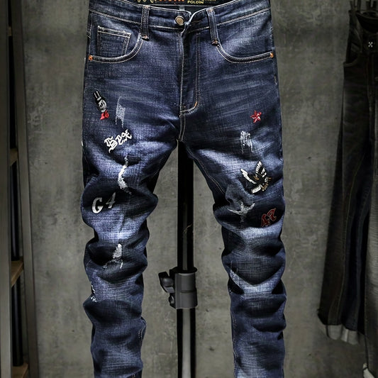 Men's Embroidered Denim Jeans Slim Straight Royal Pants