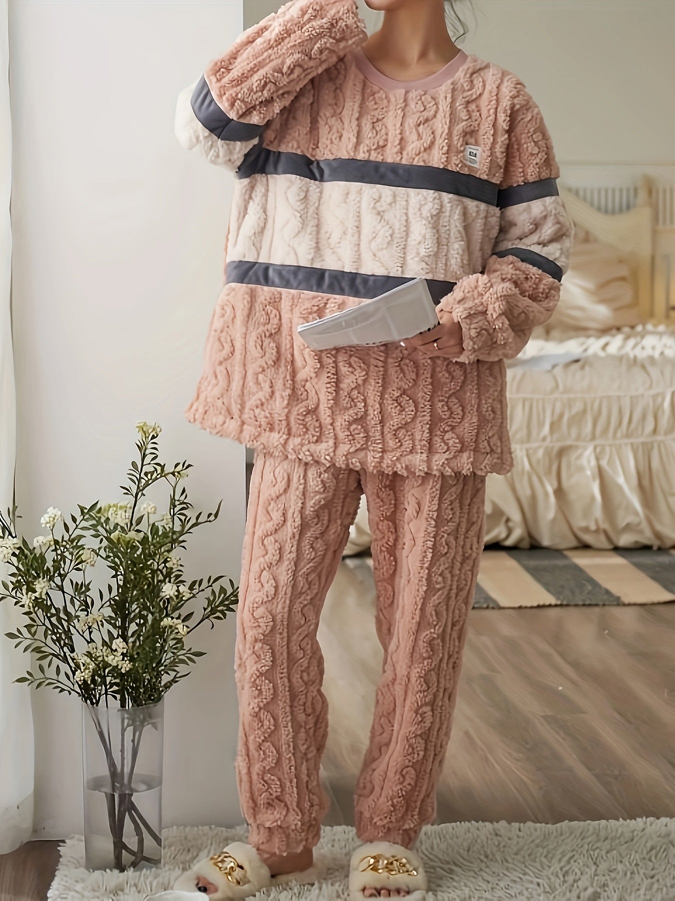 Striped Fuzzy Pajama Set Long Sleeve Crew Neck Top & Elastic Waistband Pants