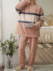 Striped Fuzzy Pajama Set Long Sleeve Crew Neck Top & Elastic Waistband Pants