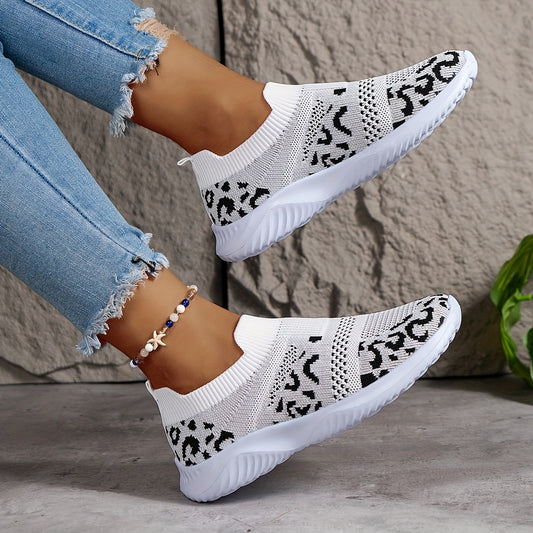 Leopard Print Slip on Walking Shoes Soft Sole Knit Casual Sneakers