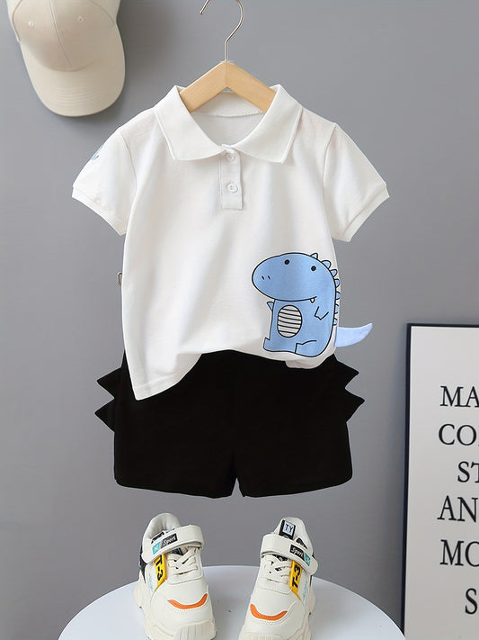Boys Dinosaur Graphic Polo Shirt & Shorts Set Kids Summer Clothes