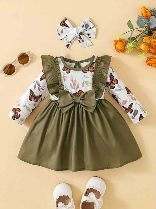 Baby Girls Butterfly Print Big Bow Dress Headscarf 2pcs Suit