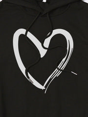 Women's Heart Print Hoodie Casual Drawstring Loose Sweatshirt