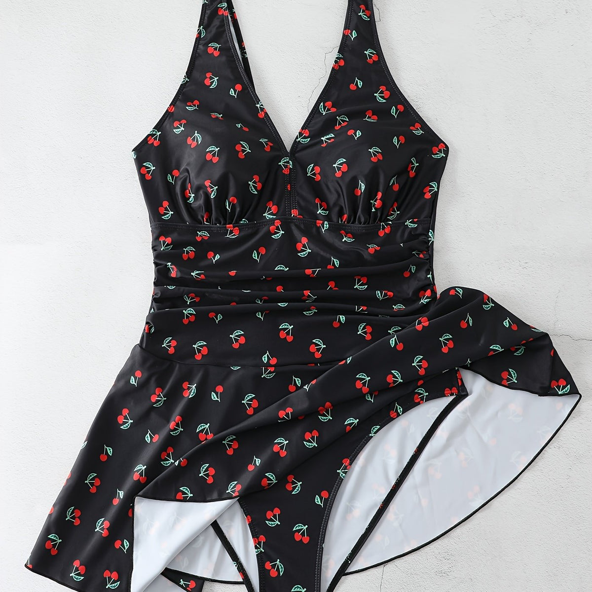  Swimsuit Women's Plus Cherry Print Ruched Tummy Control Skirted