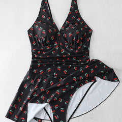  Swimsuit Women's Plus Cherry Print Ruched Tummy Control Skirted