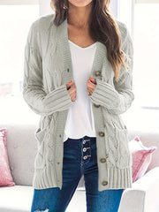  Solid Cable Button Up Cardigan with Pockets