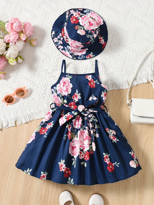 Girls Casual Floral Print Cami Dress 2PCS Set